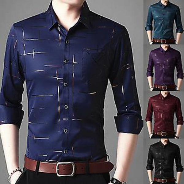 Fianao Herrarmshirt med nedvikt krage, ränder, enkelknäppt, Business (3XL Svart)
