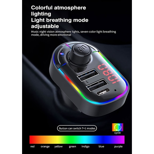 Auton FM-lähetinsovitin, RGB-tunnelmavalo Bluetooth 5.0 Wirel