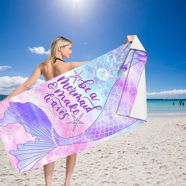 1 stk. Mikrofiber Strandhåndklæde, 70x150cm, Havfrue, Polyester, Piger,