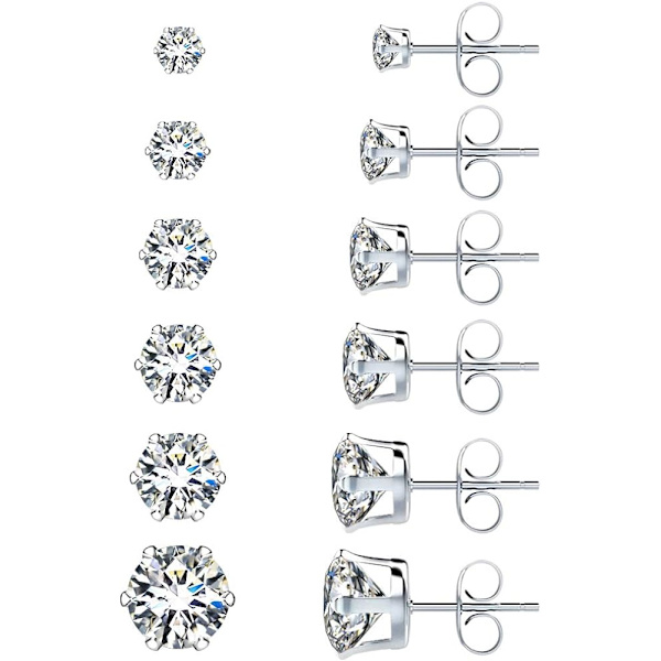 6 Par Örhängen i Rostfritt Stål med Cubic Zirconia - Hypoallergena