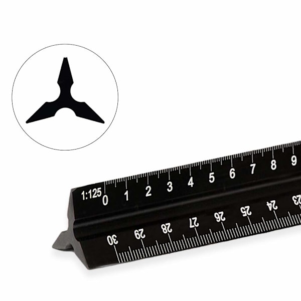 Alumiininen kolmioarkkitehtimitta, metrinen 1:20, 1:25, 1:50, 1:75, 1:100, 1:125, vakio 30,5 cm