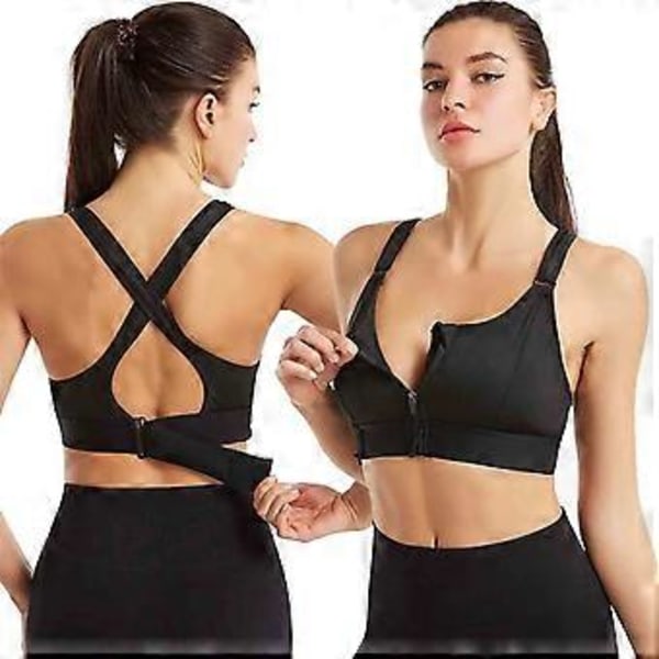 Højtydende sports-bh til kvinder med lynlås foran, plus size, polstret yoga push up vest (XL sort)