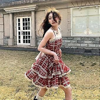 Ärmlös röd plädklänning för dam, sommar avslappnad mini strandklänning XL