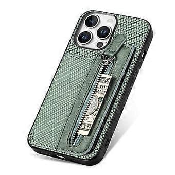 Kompatibelt Skal för iPhone 16 Pro Max Läder+PC+TPU Plånboksfodral med Dragkedja (Grön)