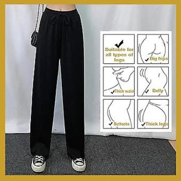 Dame Is Silke Brede Benbukser Løse Elastiske Talje Casual Sommer Lange Bukser-r (XL Sort)