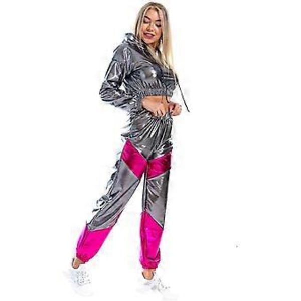 Rave-outfit för damer, glänsande crop top-hoodie, metalliska vardagsbyxor, huvtröja, träningssweatshirt, discodans-klubbkläder (XX-Large Grå)