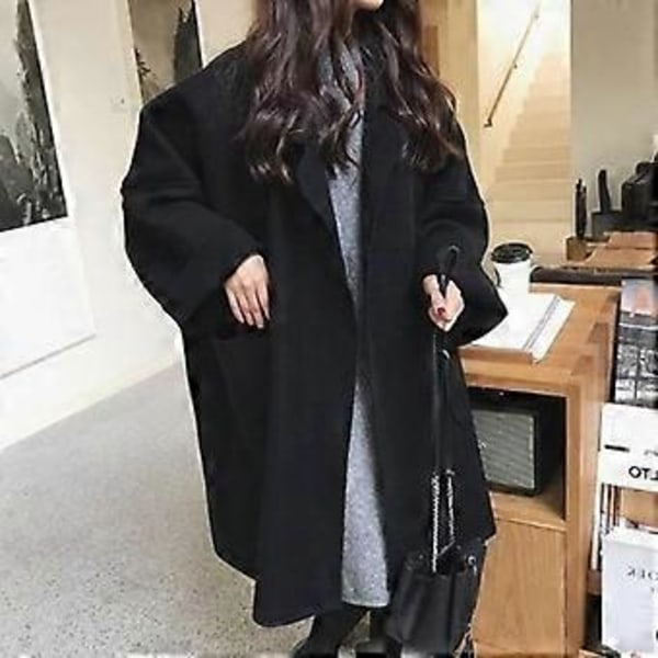 Mellanlång Tunn Jacka Lös Passform Dam Mångsidig Yllerock Höst/vinter Ny Ankomst Varm Vindtät (XL svart)