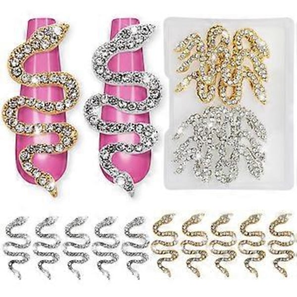 10 st Ormformade Nageldekorationer med Strass, Guld & Silver Ormvåg Nagelstuds Diamanter, Retro Nagel Smycken Tillbehör för DIY Hantverk Naglar