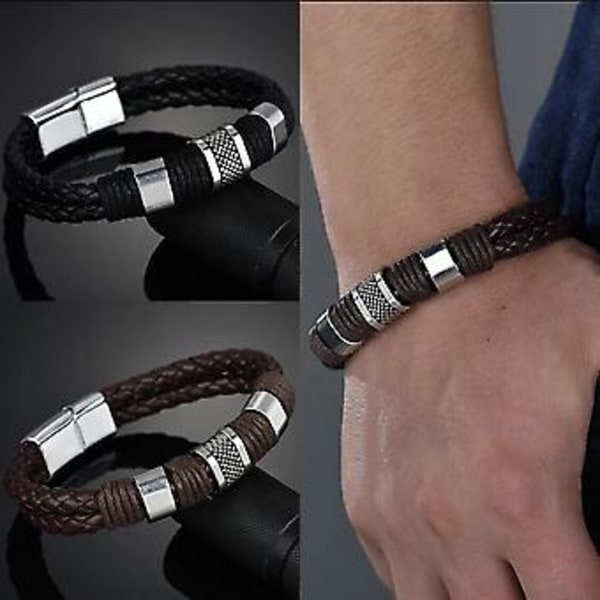 Rannekoru nahka miehet ruostumaton teräs rannekoru biker punk koru 21cm (Musta)