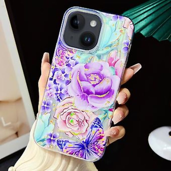 Sähköpinnoitettu TPU + PC -kotelo iPhone 13:lle (Violetit kukat)