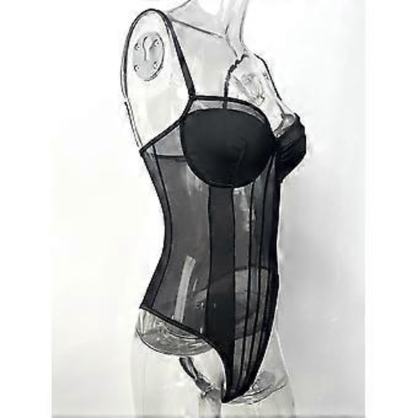 Naisten seksikäs body, pitsi- ja verkkokangas, muotoileva, selästä avoin, yhden osan bustier (S musta)