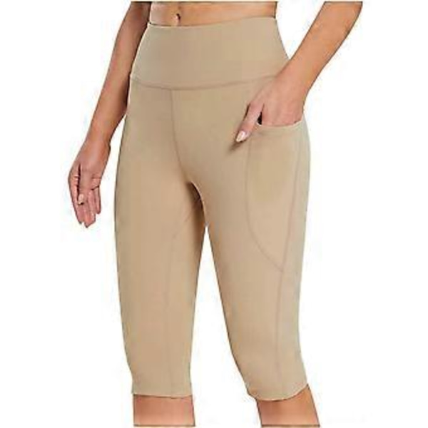 Naisten polvipituiset capri-leggingsit taskuilla rentoon treeniin, kesäiset korkeavyötäröiset joogahousut, leggingsit Khaki L (L Khaki)
