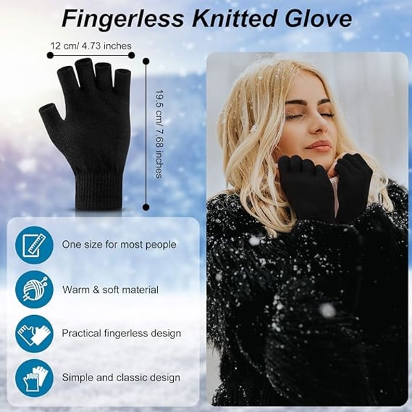 (2 par) Sorte One Size Fingerless Strikkede Handsker Varme Halv Finger Handsker Vinter Strik Kørehandske