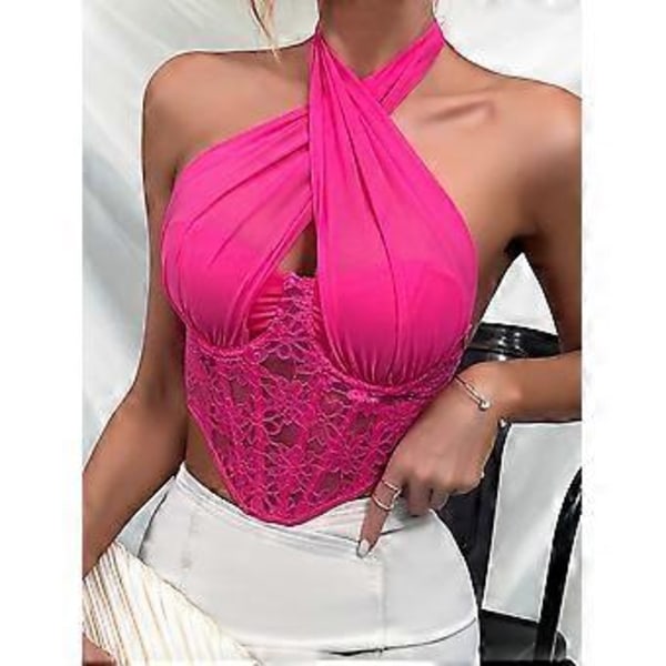 Naisten seksikäs korsetti pitsiverkko crop top muotoileva avoselkäinen korsetti crop top (L ruusunpunainen)