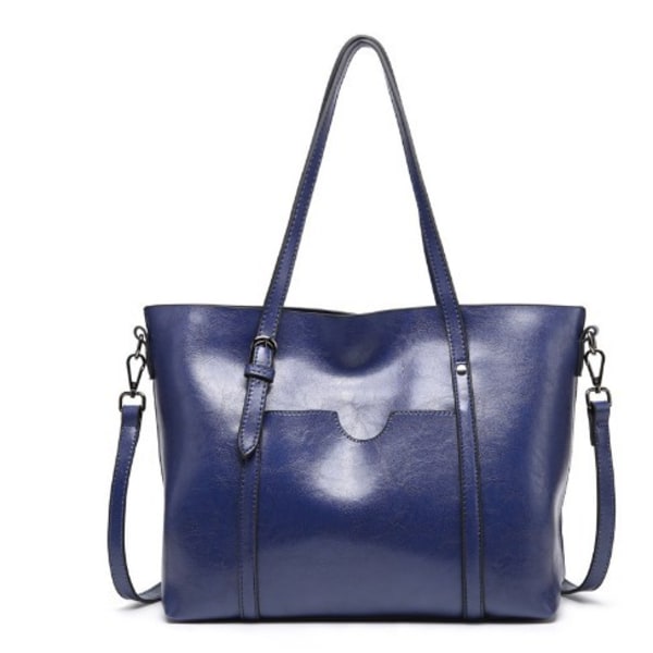 Djupblå, axelväska i retro trevägs läderhandväska för kvinnor,