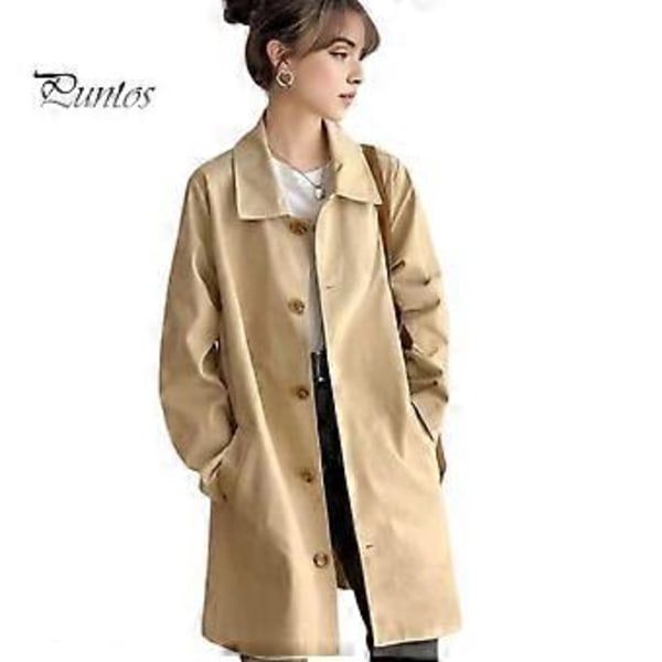 Damjacka Nedfälld Krage Långärmad Knäppning Vindtät Lös Passform Fickor Mellanlång Utomhus Resor Pendling Kappa (XXXL khaki)