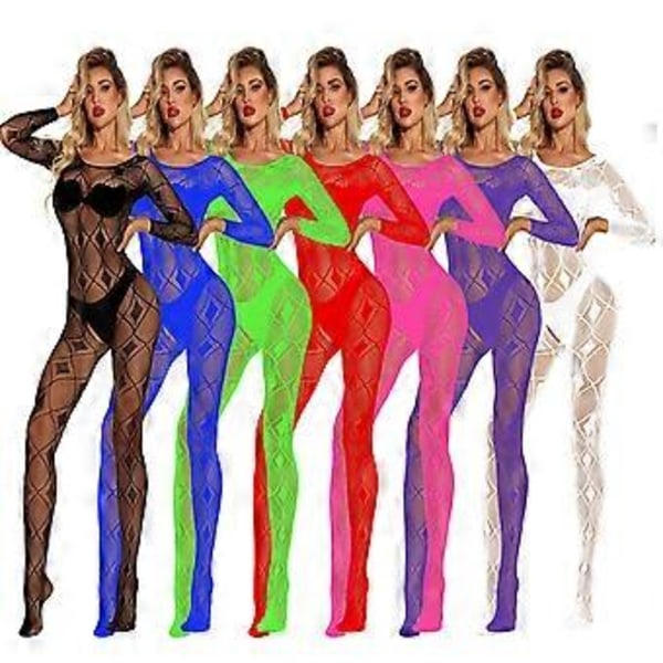 Sexet lingerisæt sexet mønstret heldragt strømper udhulet skridt tights gennemsigtig langærmet net tøj (rød)