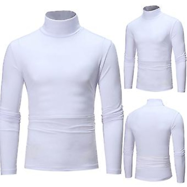 Fianao T-shirt Solid Farve Langærmet Bomuld Mænd Høj Hals Slim Basic Top til Forår (L Hvid)