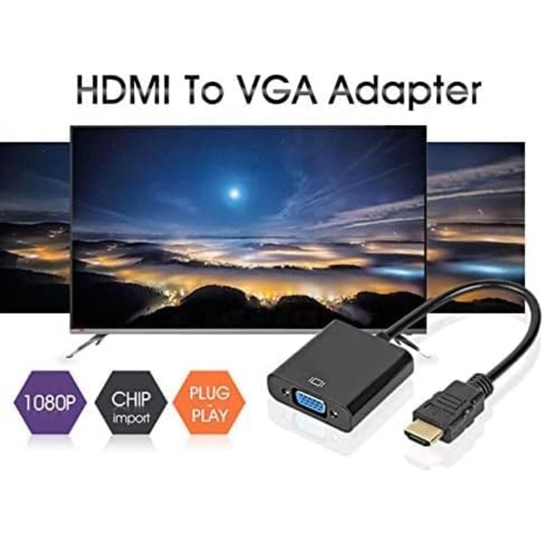 1 kpl musta HDMI-VGA-sovitin, uros-naaras-muunninsovitin 10