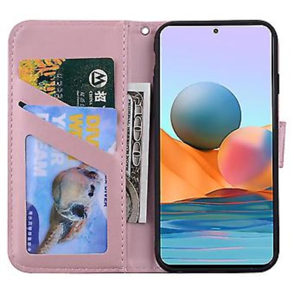 Telefonfodral med björnmönster för Redmi Note 10 Pro med kortfack, snodd, PU-lädermaterial, plånboksfunktion, hörnfallskydd (Roséguld)