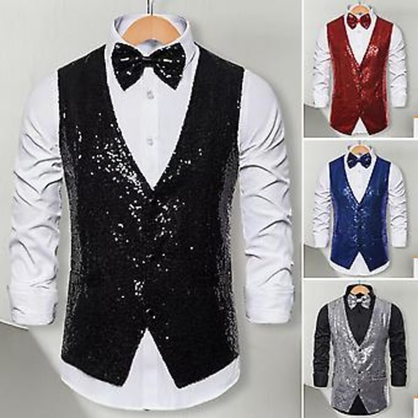 Mænds Vest Sceneoptræden Konferencevært Emcee Vest Skinnende Paljetter Slim Fit V-hals Ærmeløs Enkeltknappet Vest Med Sløjfe (L Sort)