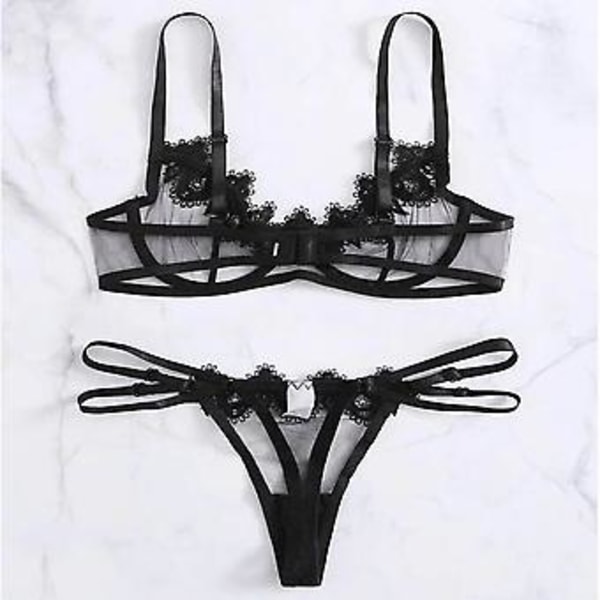Sexiga underkläder för kvinnor, genomskinlig BH med stringtrosor, underkläder, nattkläder, sovkläder (L)