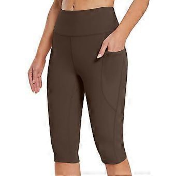 Naisten korkeavyötäröiset joogacapritaskuhousut, vatsaa litistävät, läpinäkymättömät treeniurheilucapri-leggingsit ruskea XL (XL ruskea)