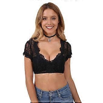 Dirndl Bluse til Kvinder Dyb V-hals Halværme Blonde Crop Top Oktoberfest Kostume (M Sort)