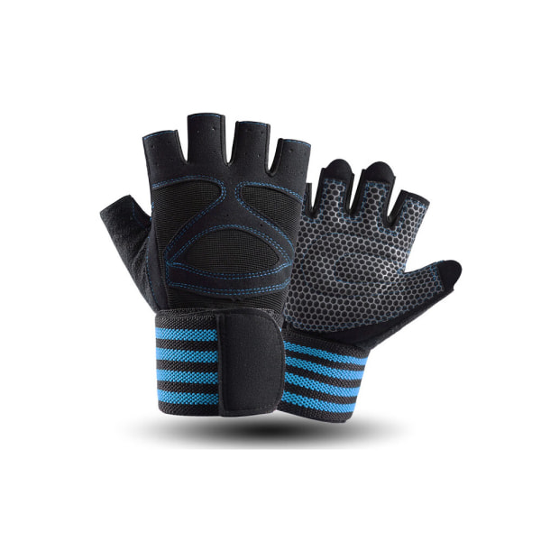 Ein Paar blauer M atmungsaktiver Fitnesshandschuhe mit Handschlau