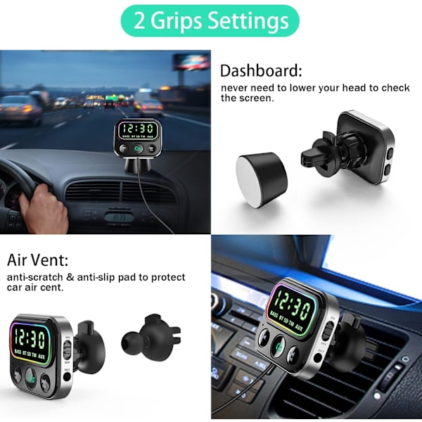 FM-sender, 24-timers display, Bluetooth 5.0 bilradioadapter med QC3.