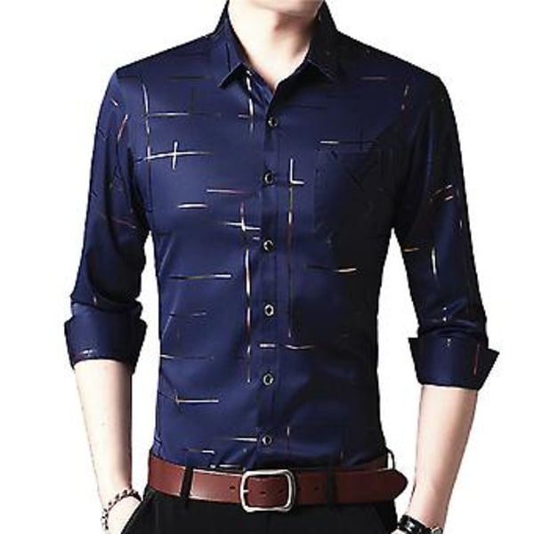Fianao Herrar Långärmad Skjorta med Nedvikt Krage, Ränder, Enknäppt, Business (3XL Marinblå)