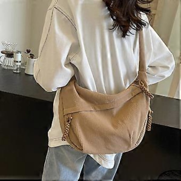 Chic Corduroy Crescent Crossbody Väska Casual Axelväskor Dumpling Handväska Satchel Perfekt för Studenter och Professionella Khaki( Khaki)