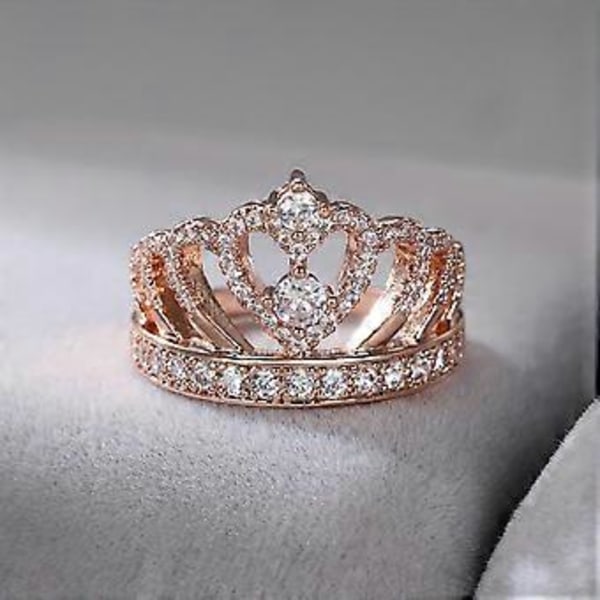Luksus Krone Ringe til Kvinder Rosaguld Farve Skinnende Zircon Let Match Dronning Krone Ring Bryllupsfest Smykker (7 rosaguld)