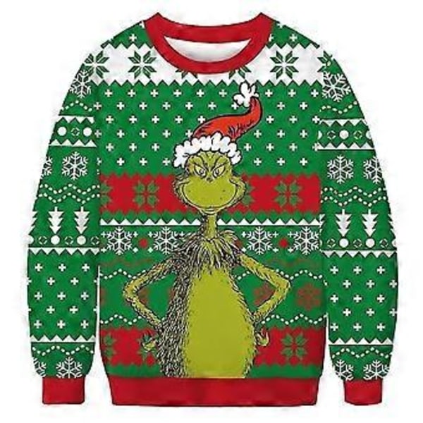 Dame Herre Par Jule Sweatshirt Grinch Print Rund Hals Pullover Grim Sweater Langærmet Grøn Monster Pullover Jumper (XL B)