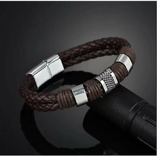 Armbånd læder mænd rustfrit stål armring biker punk smykker 21cm (Brun)