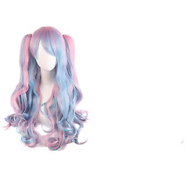 JUSCH Lolita Lång Lockig Clip-on Hästsvans Cosplay Peruk, Dubbel Hästsvans Tiger Clip Lång Lockig Peruk (Rosa/Blå/Blond),WZ-1352R