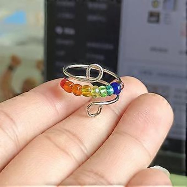 Ny Regnbue Perler Fidget Ring - Roterbar Anti-Angst Ring med Hypoallergenisk Legeringsmateriale og Justerbar Størrelse (Sølv)