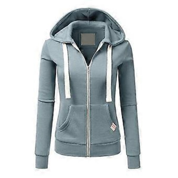Ledig Dam Höst Enfärgad Långärmad Hoodie Fickor Dragkedja Sportjacka (S ljusblå)