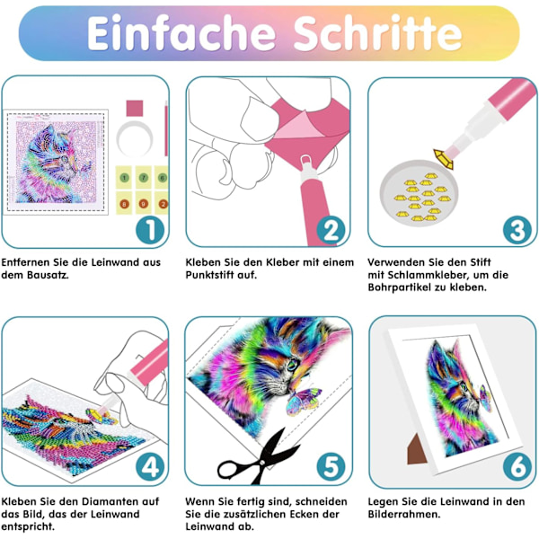 5D DIY Diamantmålning Broderi Komplett Kit (Katt) med Träram för Barn Flickor Vuxna, Konst
