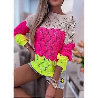Stribet langærmet sweater til damer, bådhals, hæklet, hulstrikket pullover-jumper, efterårstoppe, afslappet bluse, Fuchsia S S