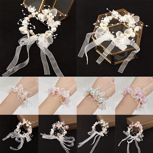 （blå）2 st pärl- och kristallarmband för brudtärnor, barn, handblommor, bröllop, vacker brud