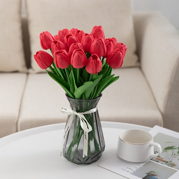 Set med 10 stycken, röda konstgjorda tulpaner, konstgjorda blommor, sena