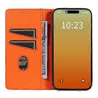 Kompatibelt Skal för iPhone 16 Pro RFID Starkt Magnetiskt Läder Plånboksfodral (Orange)