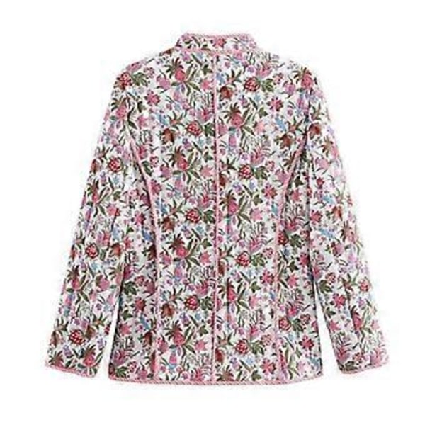 Blomsterprintet Quiltet Løs Bomuldstøj Dame Stand Up Krave Langærmet Varm Jakke Pendling Bomuldstop Retro Stil Efterår og Vinter (M)
