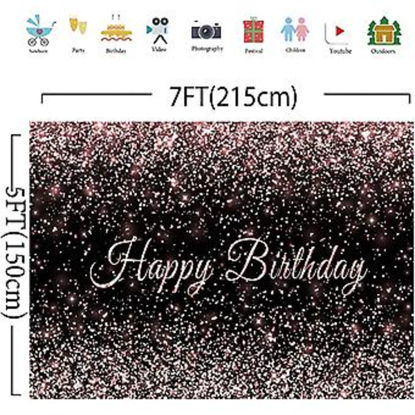 Haboke 7x5ft Kestävä Kangas Onnellinen Syntymäpäivä Tausta Vaaleanpunainen Ja Musta Kiiltävä Kultapiste Glamouri Sparkle Makeat Valokuvaustausta Lapsille Aikuisten Syntymäpäiville