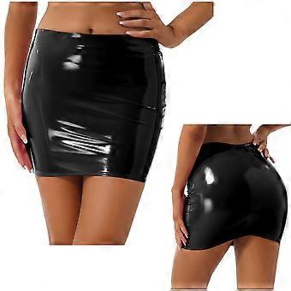 Sexiga glansiga lackminikjolar för damer, enfärgad pennkjol med elastiskt midjeband, blank våtlook latexkjol klubbkläder (S svart)