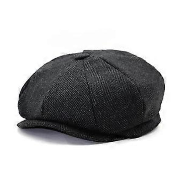 Mænds Herringbone Flats Newsboy Cap Tweed Cabbie Peaky Blinders Baker Boy Hat (Sort og Mørkegrå)