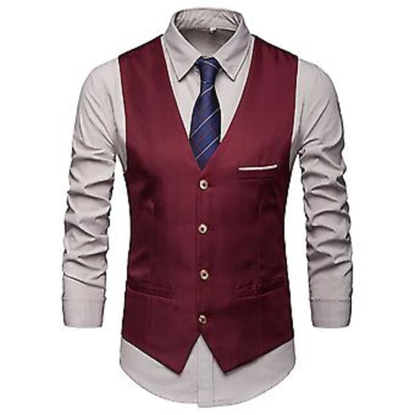 Herrar Solid Formal Knappar Väst Med Fickor Business Office V-hals Ärmlös Blazer Väst (XL Vinröd)