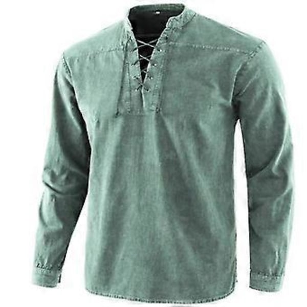 Herre Vintage Skjorte Ensfarvet Langærmet Afslappet Bluse med Snøre -NMAOV(4XL Grøn)