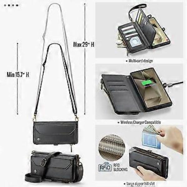 Crossbody Wallet Case til Samsung Galaxy S24 Ultra, Magnetisk Flip Kort Holder Læder Cover med Lynlås Lomme til Kvinder (Sort)